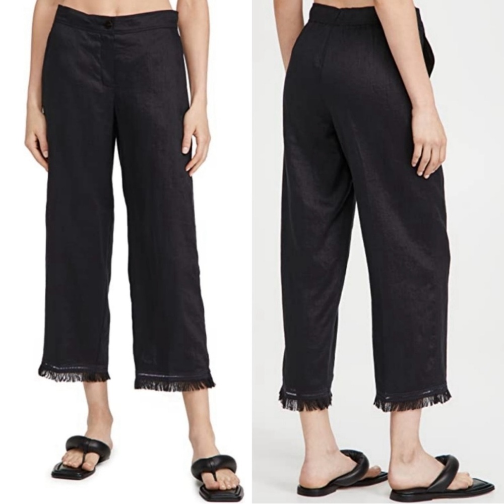 Theory Embroidered Fringe Linen Crop Pants Black